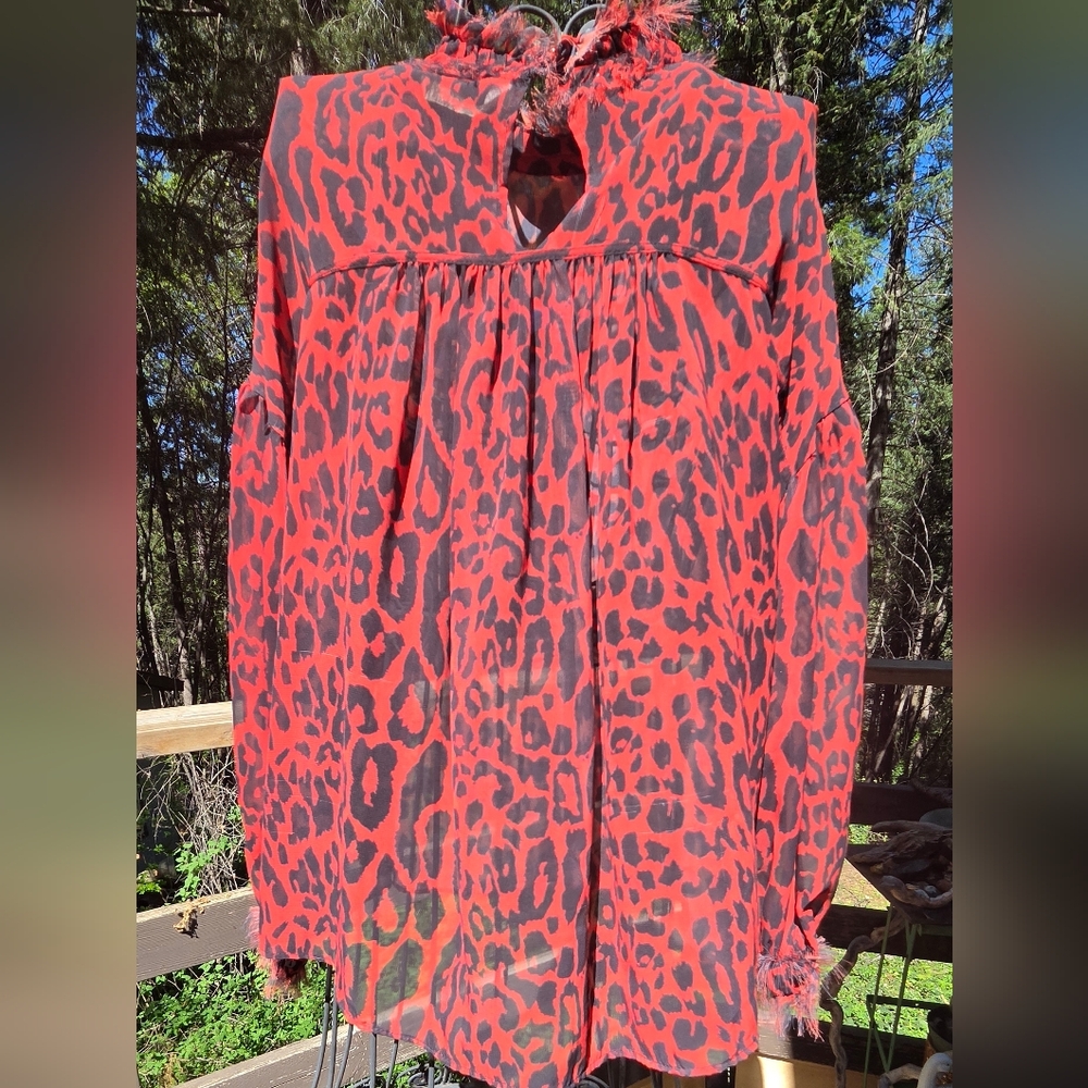 Zara 1975 Jeans Collection Red&Black Leopard Print Sheer Long Sleeve Blouse SzM - Picture 8 of 10